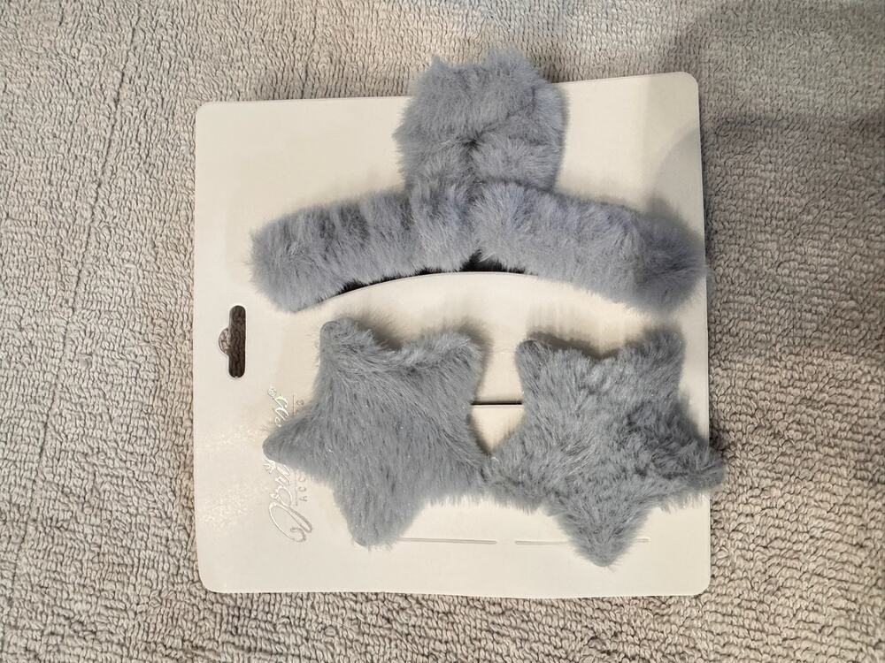 Gray Blue fluffy hair accessories set 2 star hair clips and 1 claw clip
